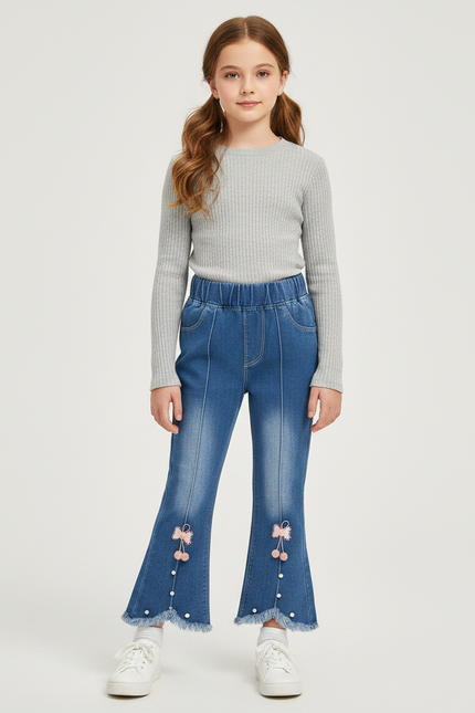 Pantalon Patte D'Éléphant Jean Bleu Frangé Nœuds Pompons Fille
