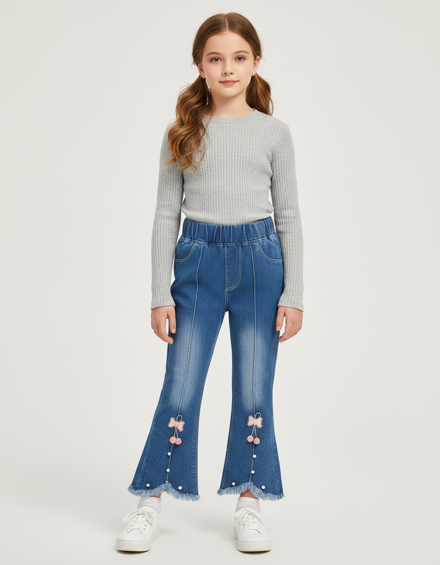 Pantalon Patte D'Éléphant Jean Bleu Frangé Nœuds Pompons Fille