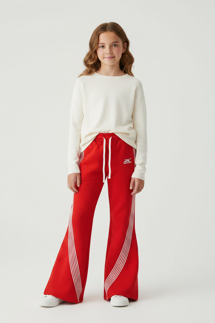 Pantalon Patte D'Éléphant Rouge Sportif Évasé Rayures Blanches - Molleton