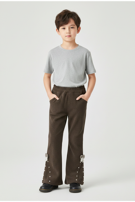 Pantalon Patte D'Éléphant Marron Côtelé Évasé Nœuds Perles - Cordé