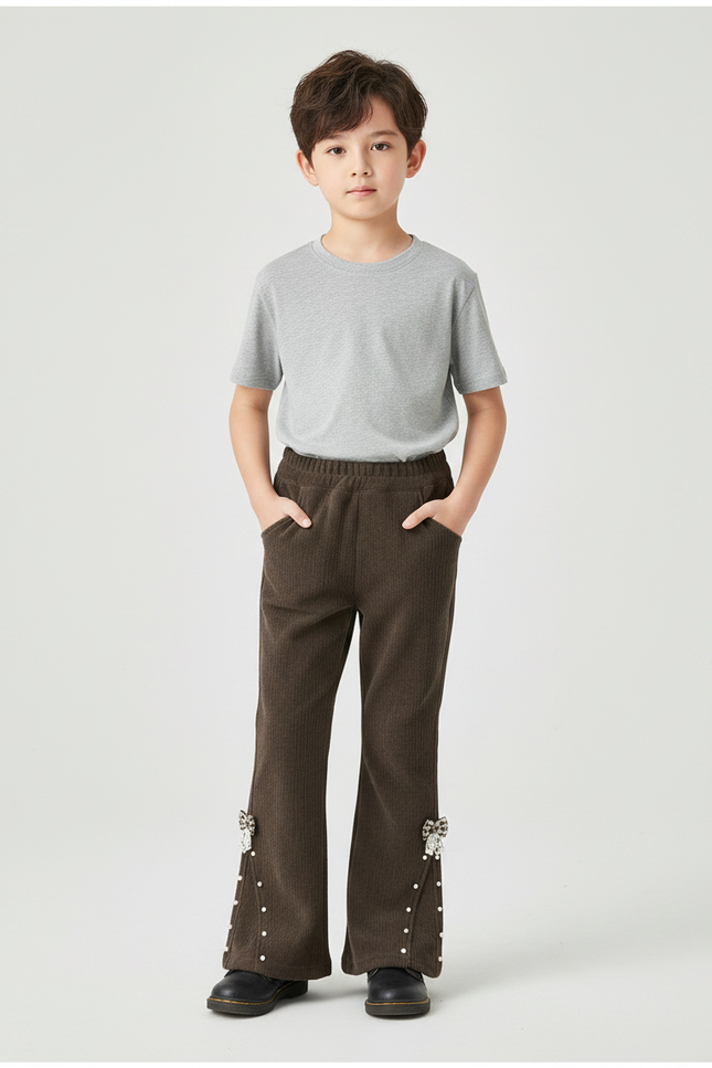 Pantalon Patte D'Éléphant Marron Côtelé Évasé Nœuds Perles - Cordé