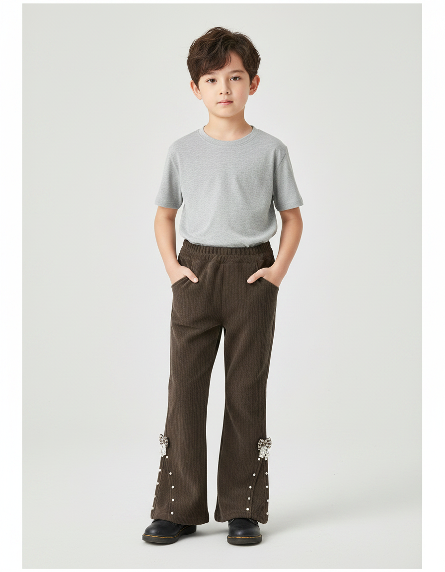Pantalon Patte D'Éléphant Marron Côtelé Évasé Nœuds Perles - Cordé
