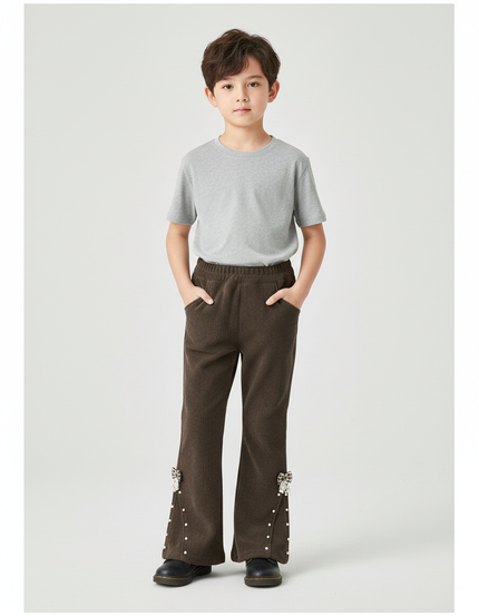 Pantalon Patte D'Éléphant Marron Côtelé Évasé Nœuds Perles - Cordé