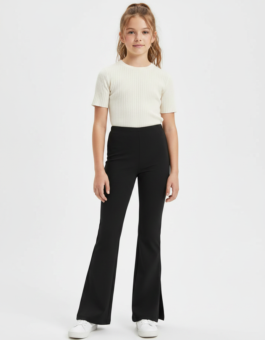 Pantalon Patte D'Éléphant Noir Évasé Confortable Fille - Maille