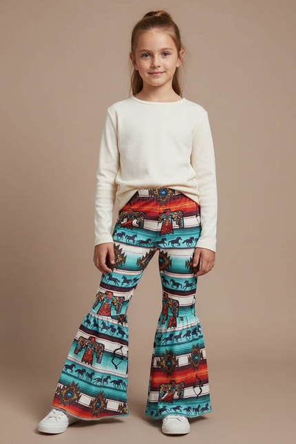 Pantalon Patte D'Éléphant Imprimé Ethnique Évasé Confortable Fille - Multicolore Maille