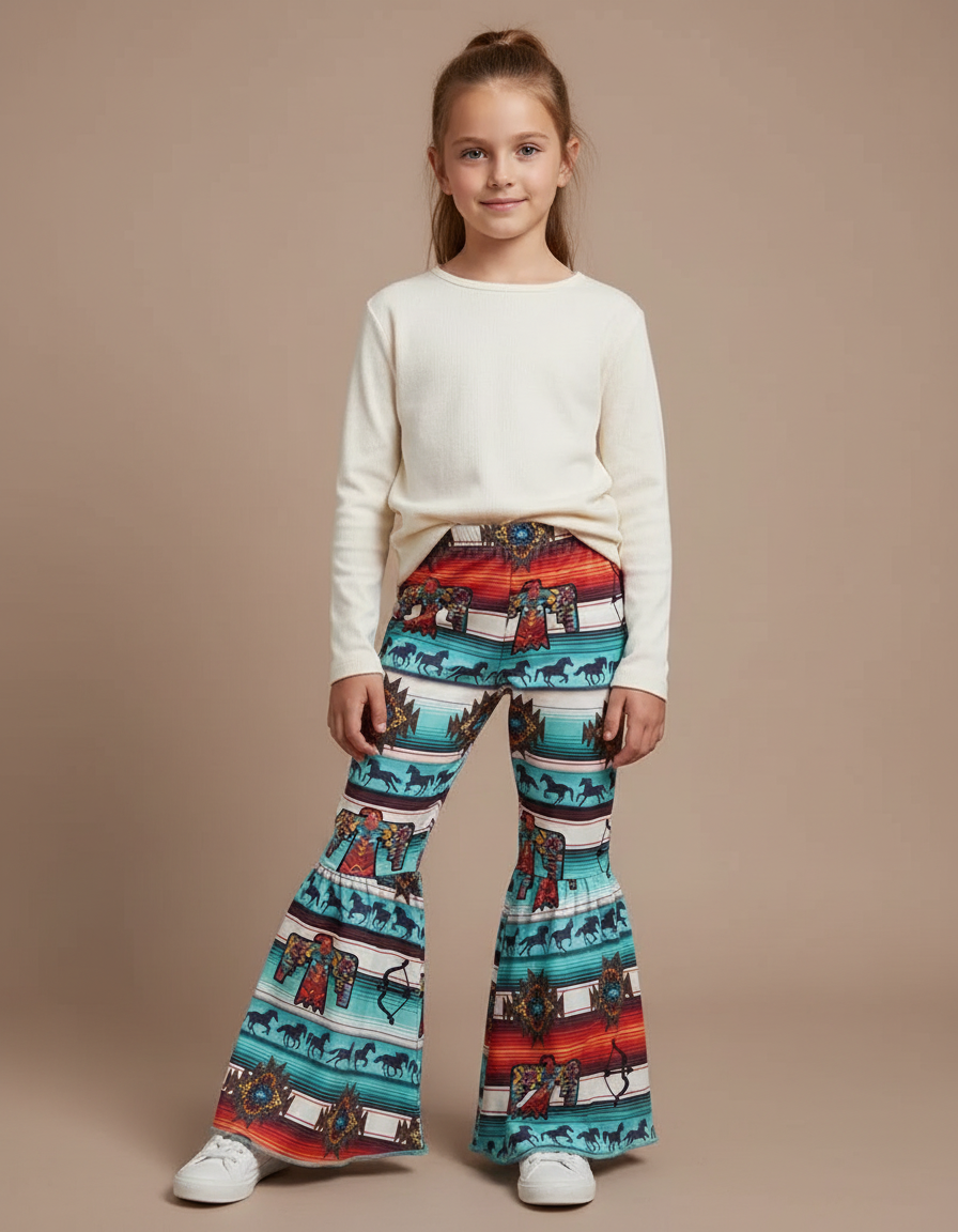 Pantalon Patte D'Éléphant Imprimé Ethnique Évasé Confortable Fille - Multicolore Maille