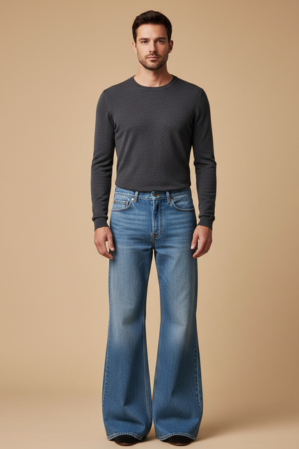 Pantalon Patte D'Éléphant Bleu Jean Homme Décontracté Rétro