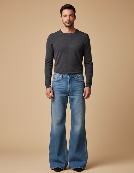 Pantalon Patte D'Éléphant Bleu Jean Homme Décontracté Rétro