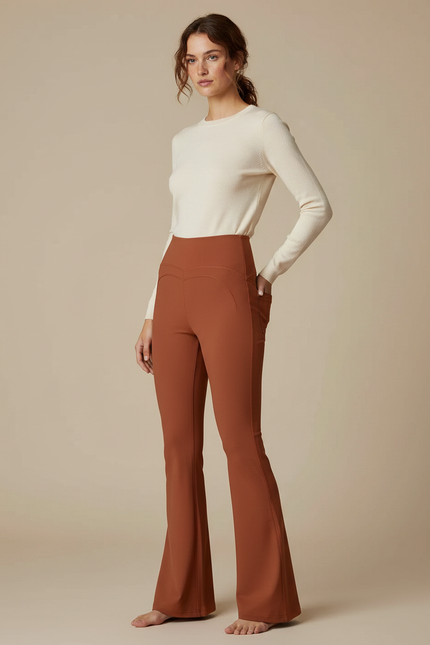 Pantalon Patte D'Éléphant Évasé Taille Haute Marron Confortable - Polyester