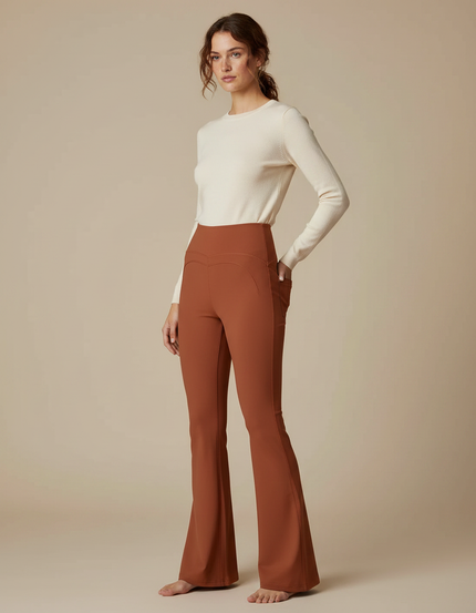 Pantalon Patte D'Éléphant Évasé Taille Haute Marron Confortable - Polyester