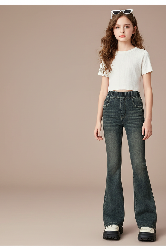 Pantalon Patte D'Éléphant Jean Délavé Taille Haute Élastique - Vert