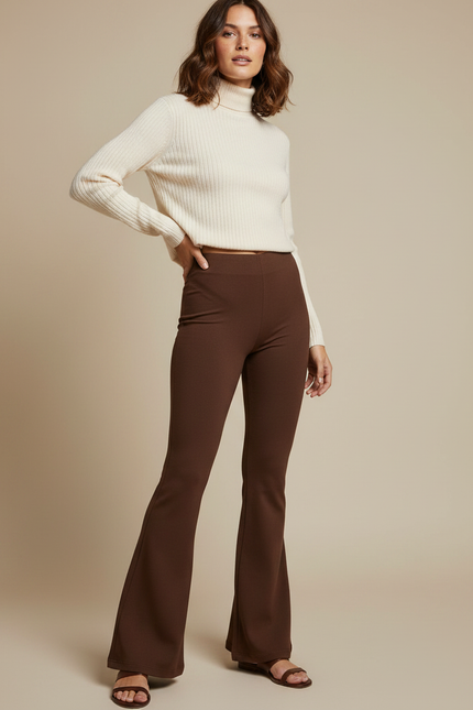 Pantalon Patte D'Éléphant Marron Taille Haute Confortable Évasé - Maille