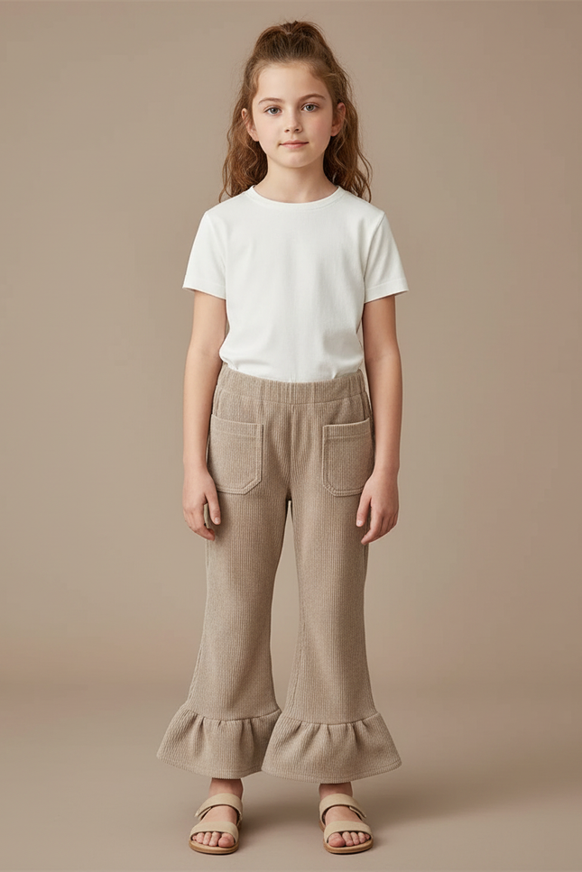 Pantalon Patte D'Éléphant Fille Côtelé Beige Volants Confortable - Maille
