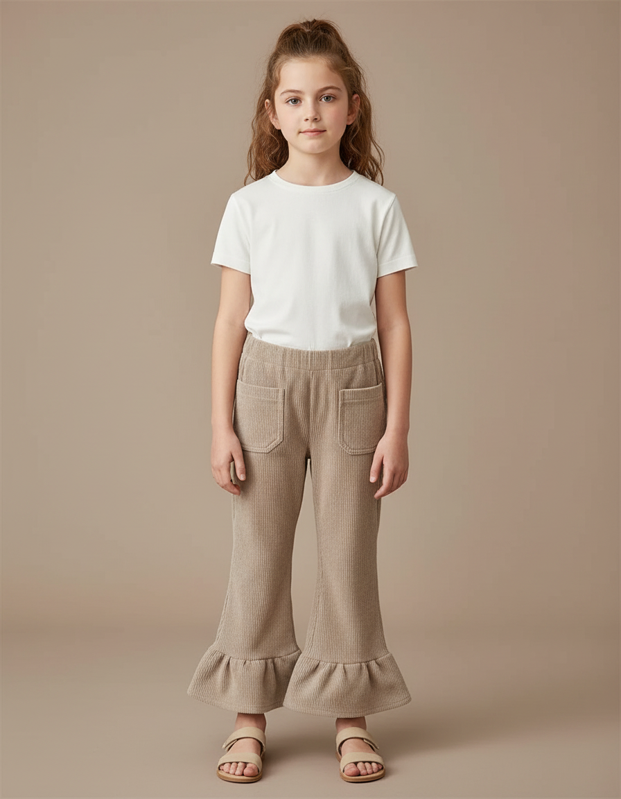 Pantalon Patte D'Éléphant Fille Côtelé Beige Volants Confortable - Maille