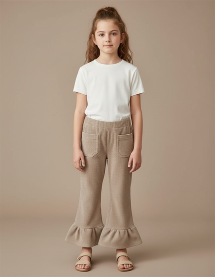Pantalon Patte D'Éléphant Fille Côtelé Beige Volants Confortable - Maille