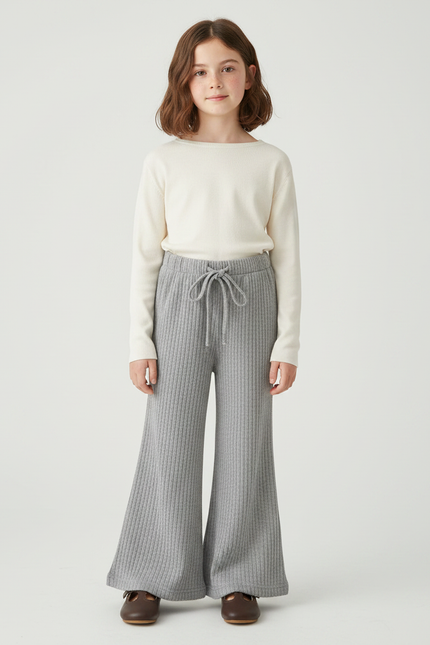 Pantalon Patte D'Éléphant Côtelé Gris Confortable Élastique Enfant - Maille