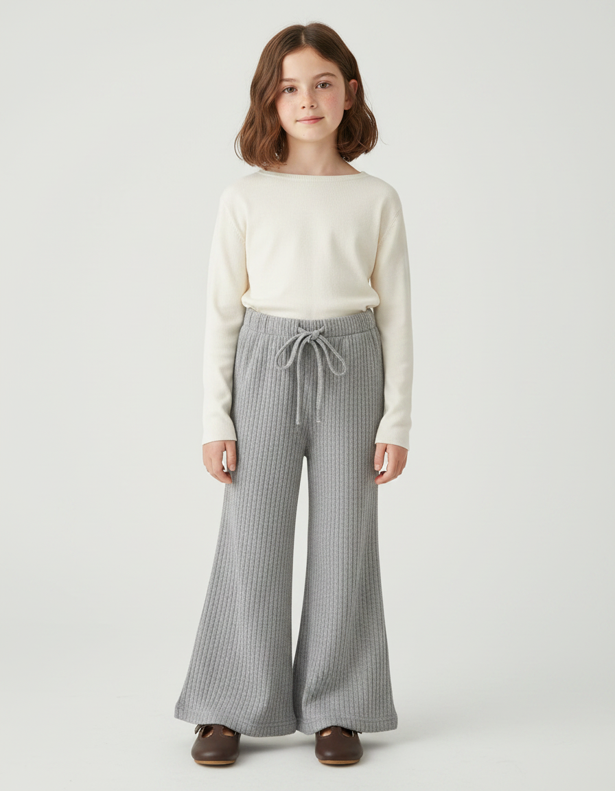Pantalon Patte D'Éléphant Côtelé Gris Confortable Élastique Enfant - Maille
