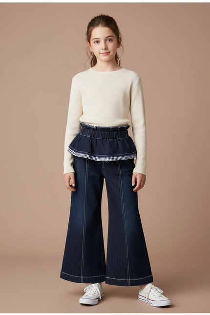 Pantalon Patte D'Éléphant Denim Foncé Évasé Fille Chic - Marine Jean