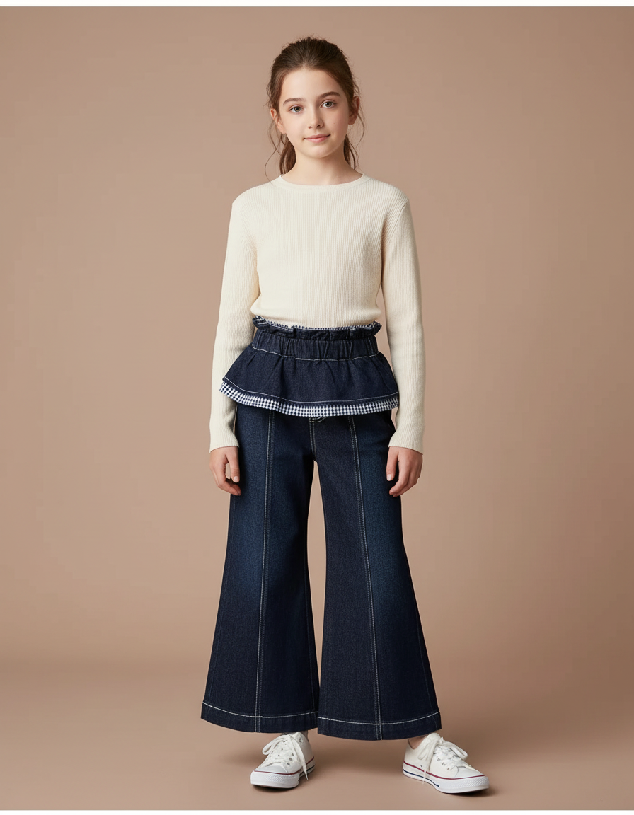 Pantalon Patte D'Éléphant Denim Foncé Évasé Fille Chic - Marine Jean