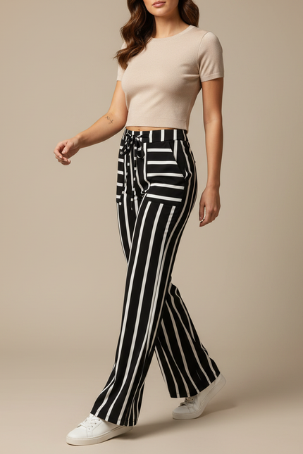 Pantalon Patte D'Éléphant Rayé Noir Blanc Fluide Femme - Multicolore Viscose