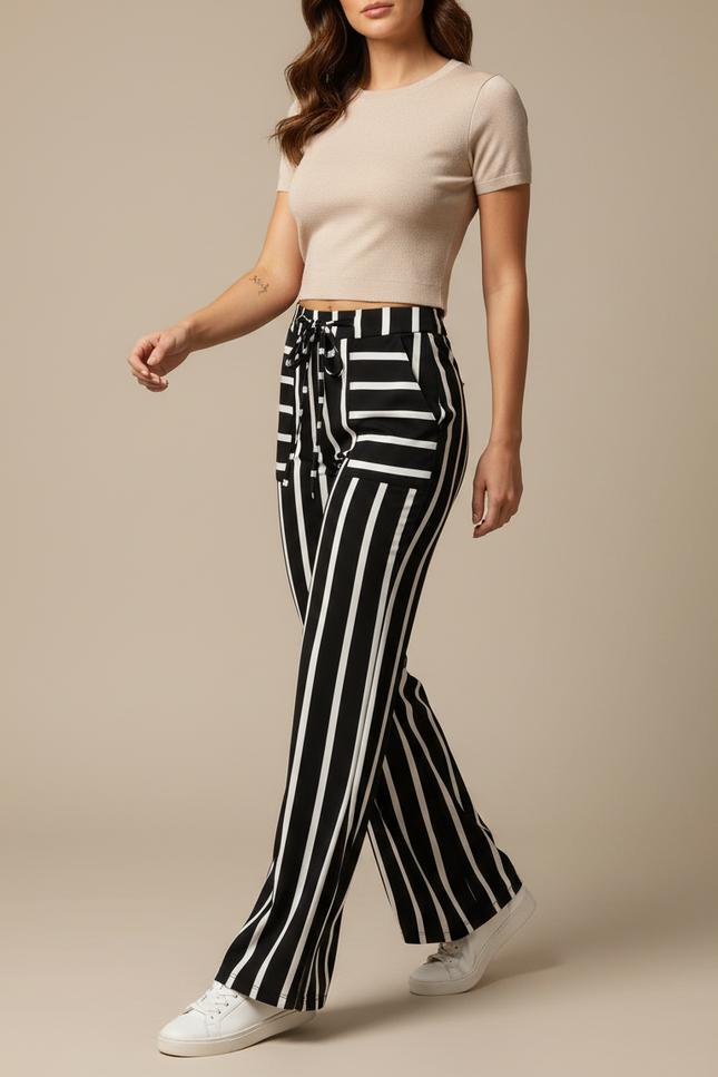 Pantalon Patte D'Éléphant Rayé Noir Blanc Fluide Femme - Multicolore Viscose