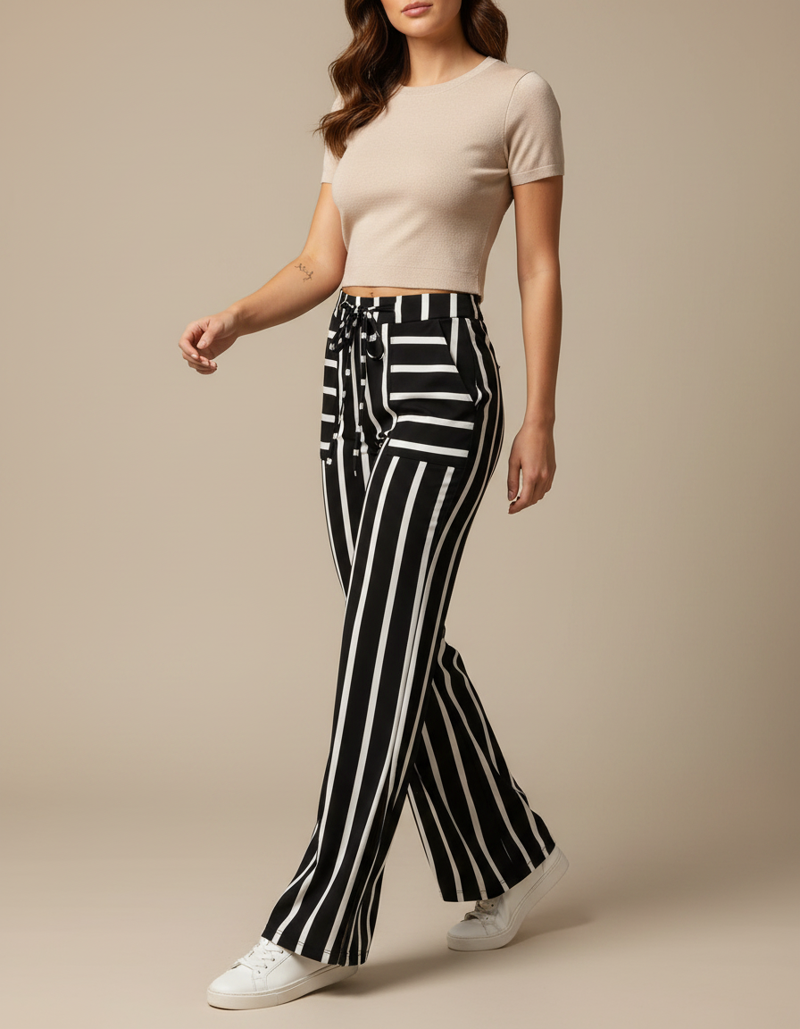 Pantalon Patte D'Éléphant Rayé Noir Blanc Fluide Femme - Multicolore Viscose