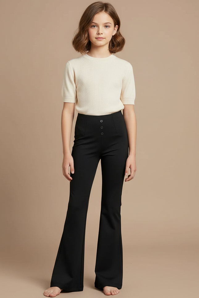 Pantalon Patte D'Éléphant Noir Taille Haute Boutons Évasé - Polyester