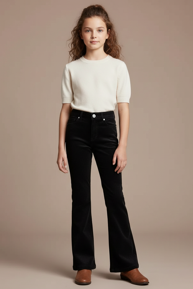 Pantalon Patte D'Éléphant Noir Côtelé Taille Haute Évasé Fille - Cordé