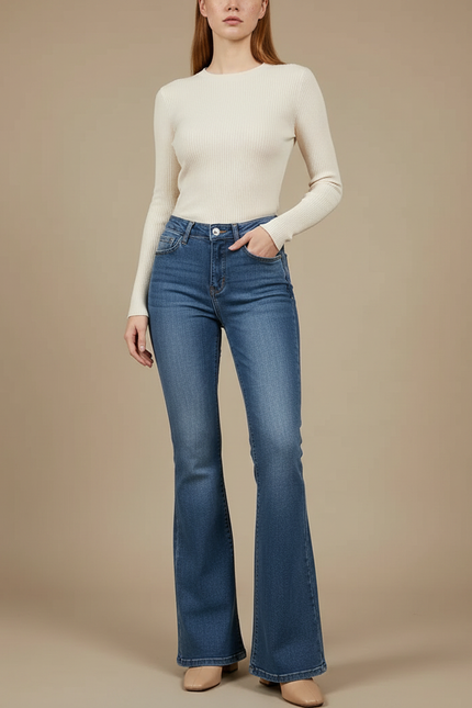 Pantalon Patte D'Éléphant Jean Bleu Taille Haute Délavé