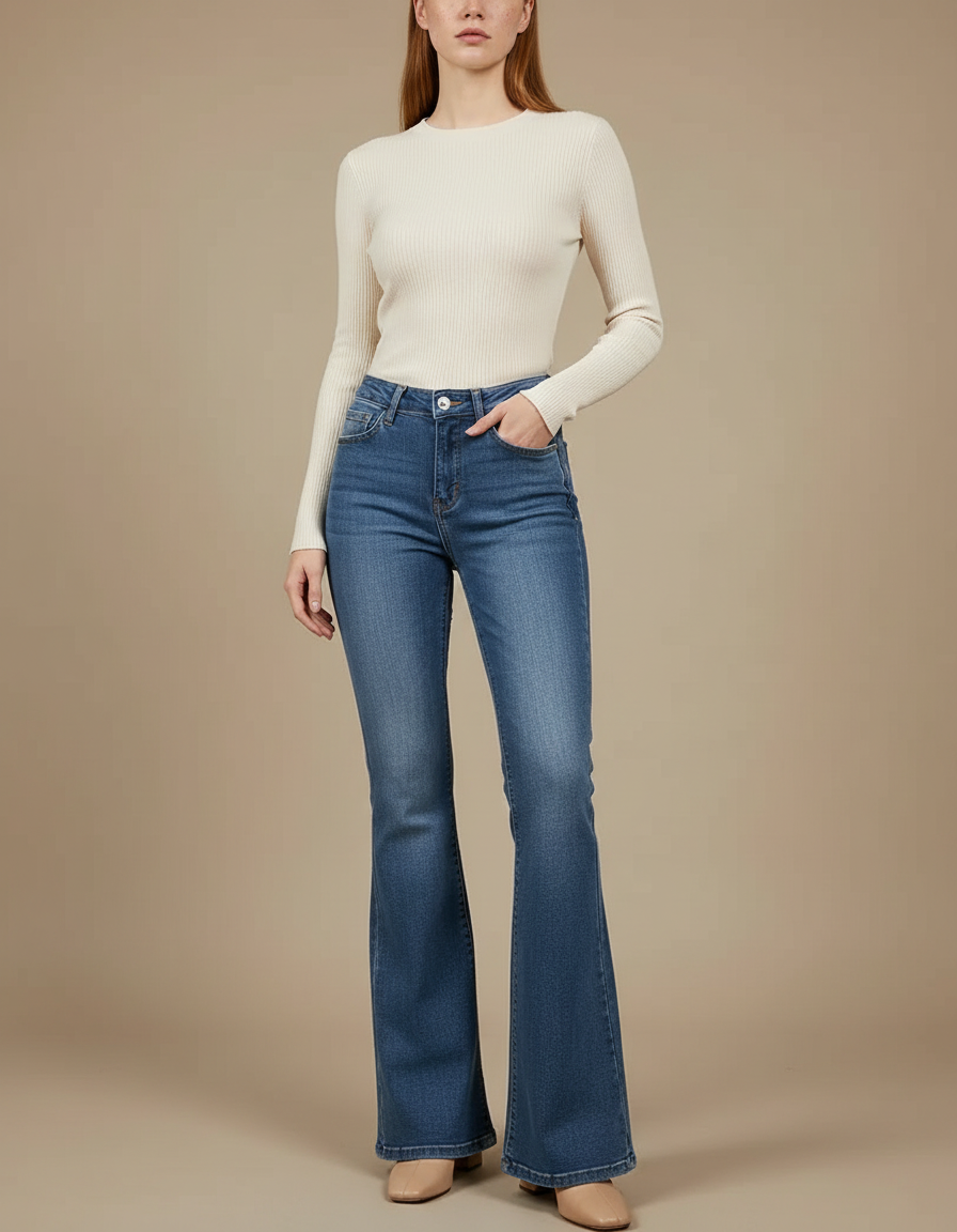 Pantalon Patte D'Éléphant Jean Bleu Taille Haute Délavé