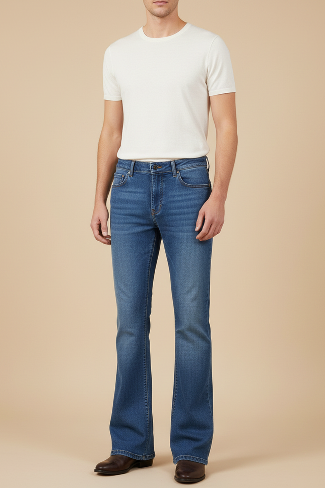 Pantalon Patte D'Éléphant Homme Bleu Jean Évasé Décontracté