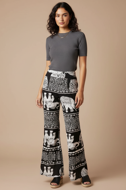 Pantalon Patte D'Éléphant Noir Évasé Motif Ethnique Fluide - Viscose