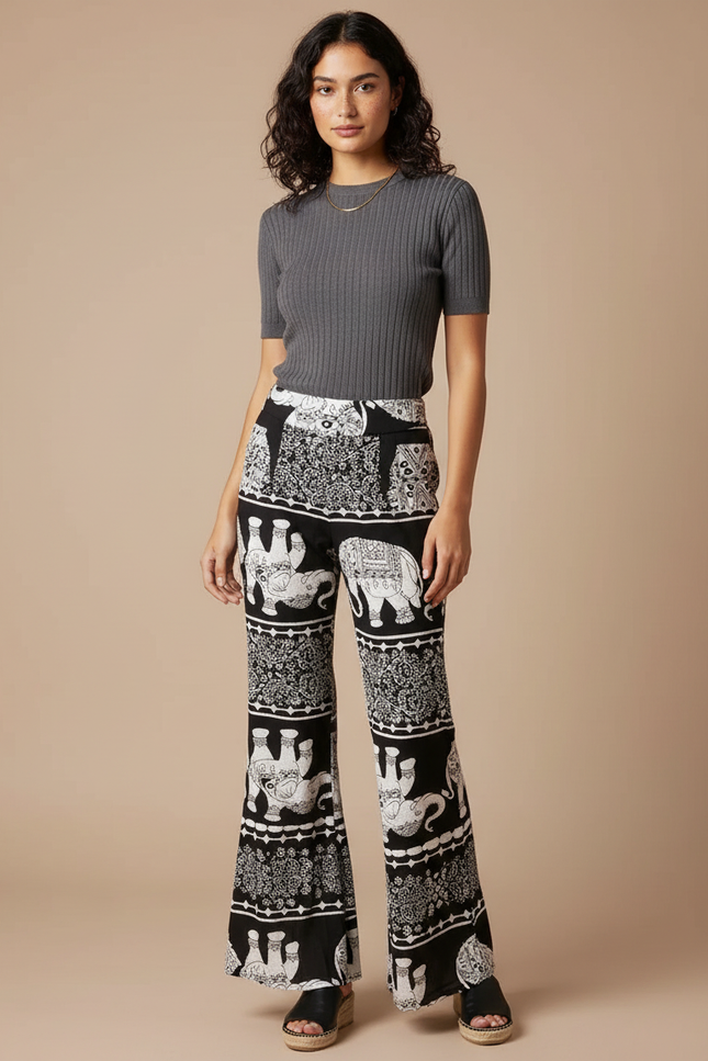 Pantalon Patte D'Éléphant Noir Évasé Motif Ethnique Fluide - Viscose