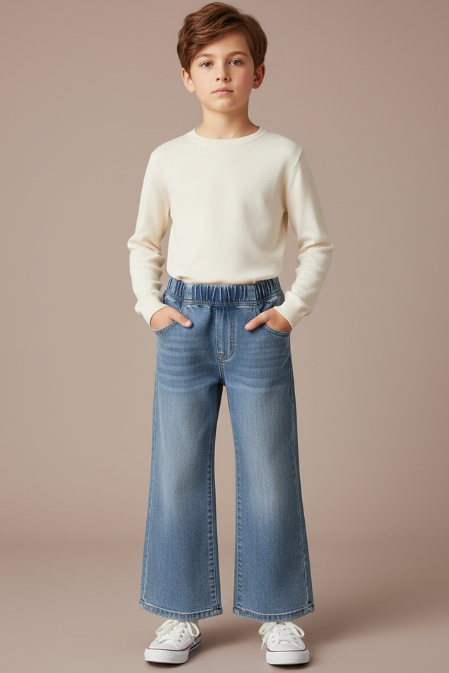 Pantalon Patte D'Éléphant Denim Bleu Ample Décontracté Enfant - Jean