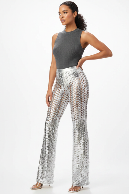 Pantalon Patte D'Éléphant Métallique Argenté Évasé Découpé Sexy - Maille