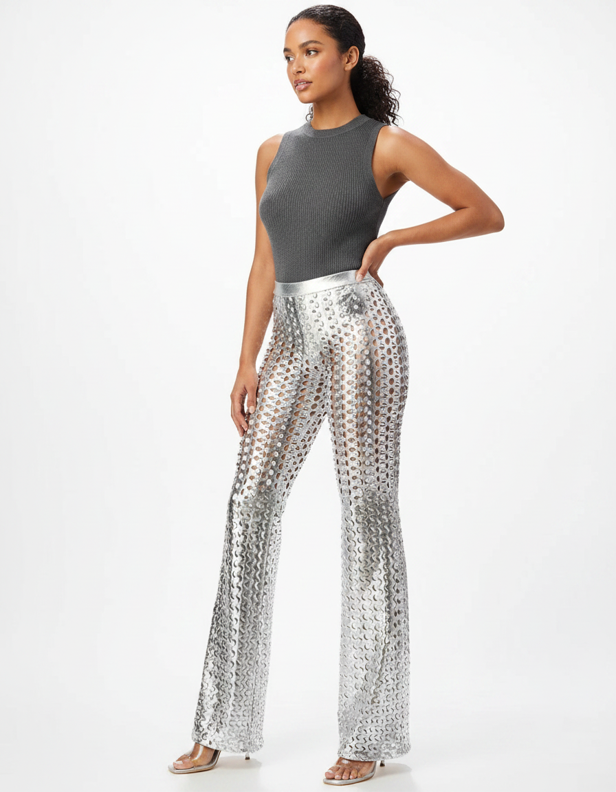Pantalon Patte D'Éléphant Métallique Argenté Évasé Découpé Sexy - Maille
