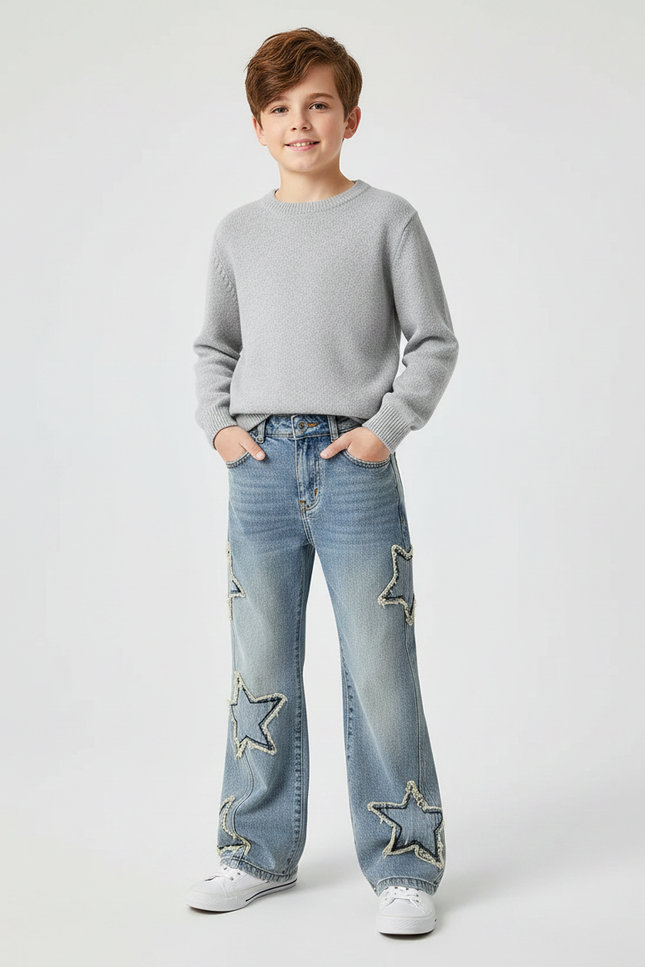Pantalon Patte D'Éléphant Jean Étoiles Brutes Garçon Ample - Bleu