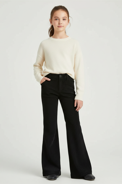 Pantalon Patte D'Éléphant Noir Côtelé Évasé Fille Hiver - Cordé