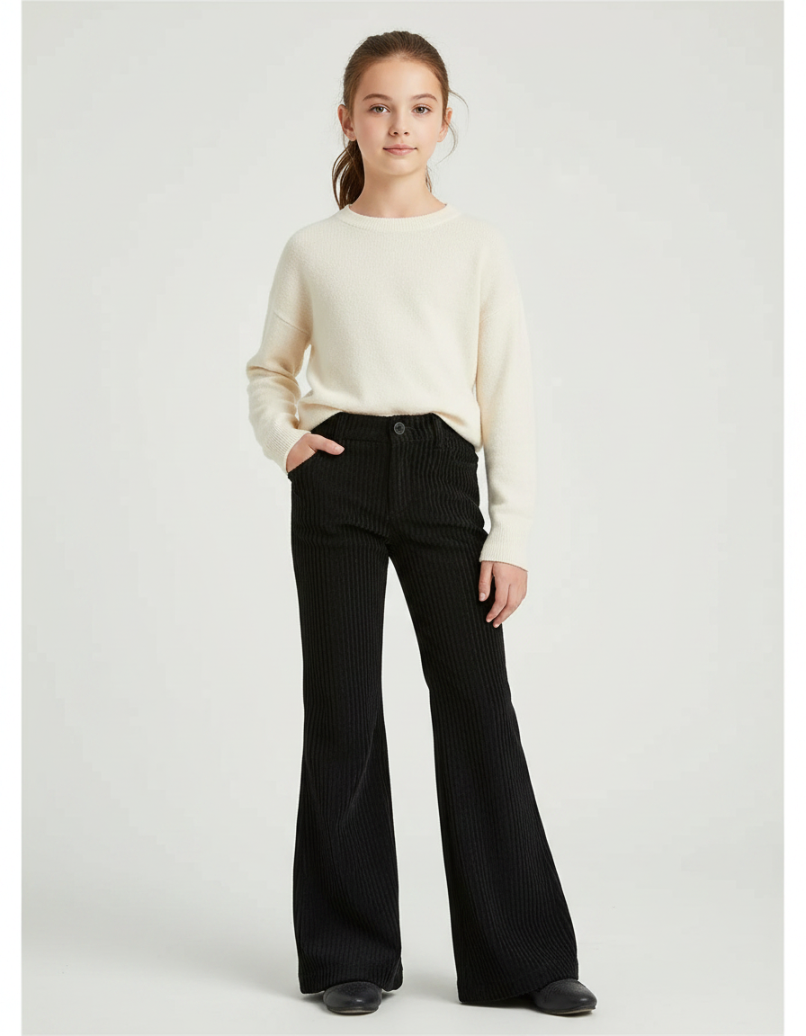 Pantalon Patte D'Éléphant Noir Côtelé Évasé Fille Hiver - Cordé