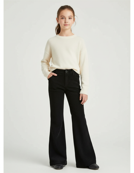 Pantalon Patte D'Éléphant Noir Côtelé Évasé Fille Hiver - Cordé