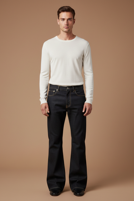 Pantalon Patte D'Éléphant Jean Denim Brut Homme Évasé - Marine