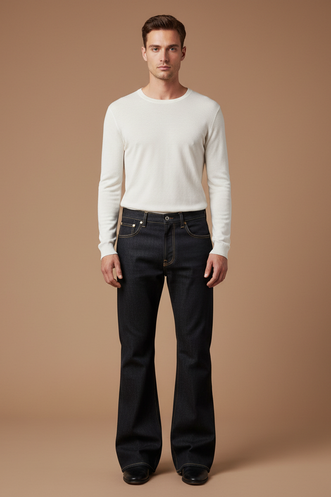 Pantalon Patte D'Éléphant Jean Denim Brut Homme Évasé - Marine