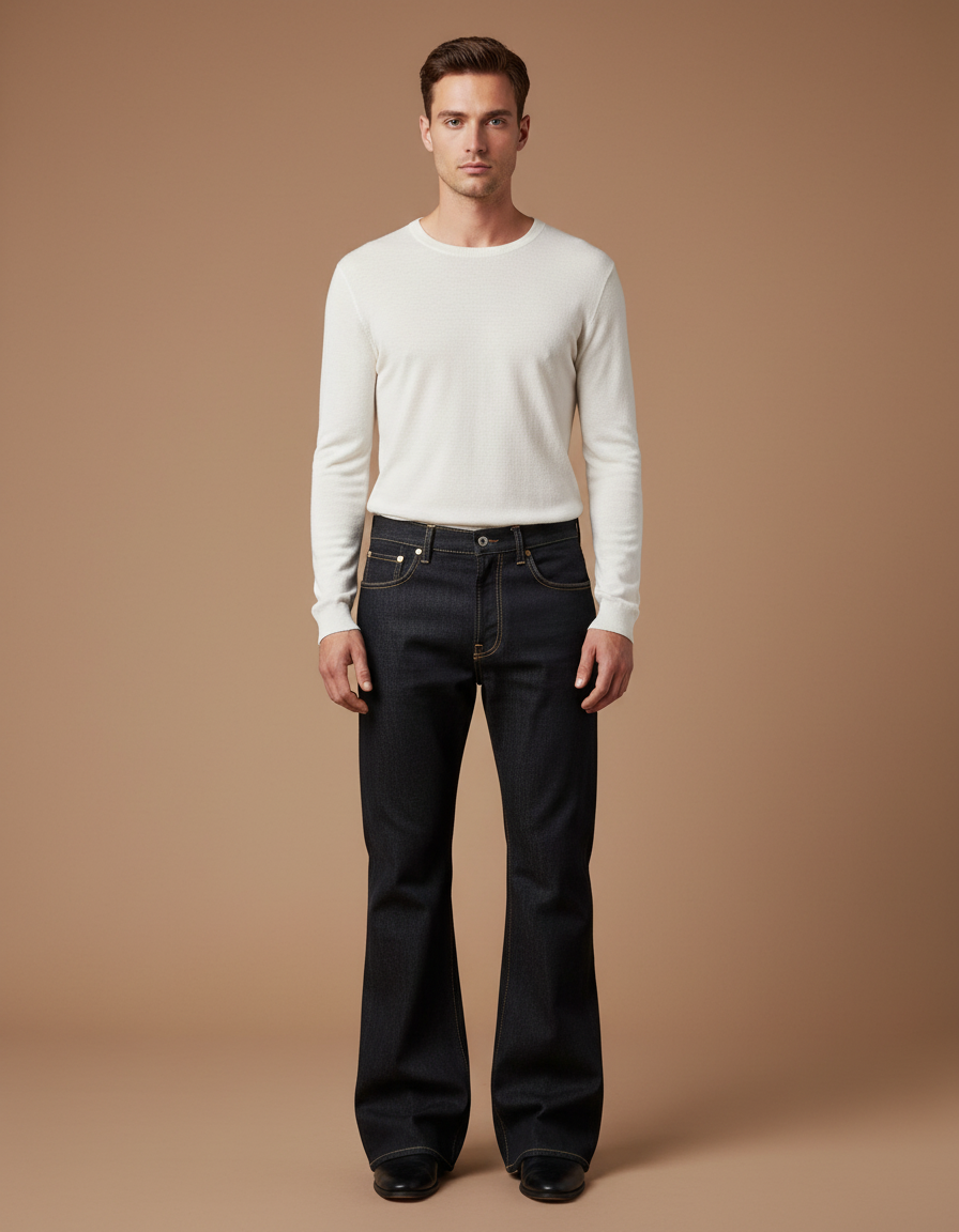 Pantalon Patte D'Éléphant Jean Denim Brut Homme Évasé - Marine