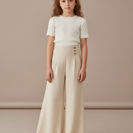 Pantalon Patte D'Éléphant Beige Plissé Boutons Latéraux Ample Enfant - Viscose