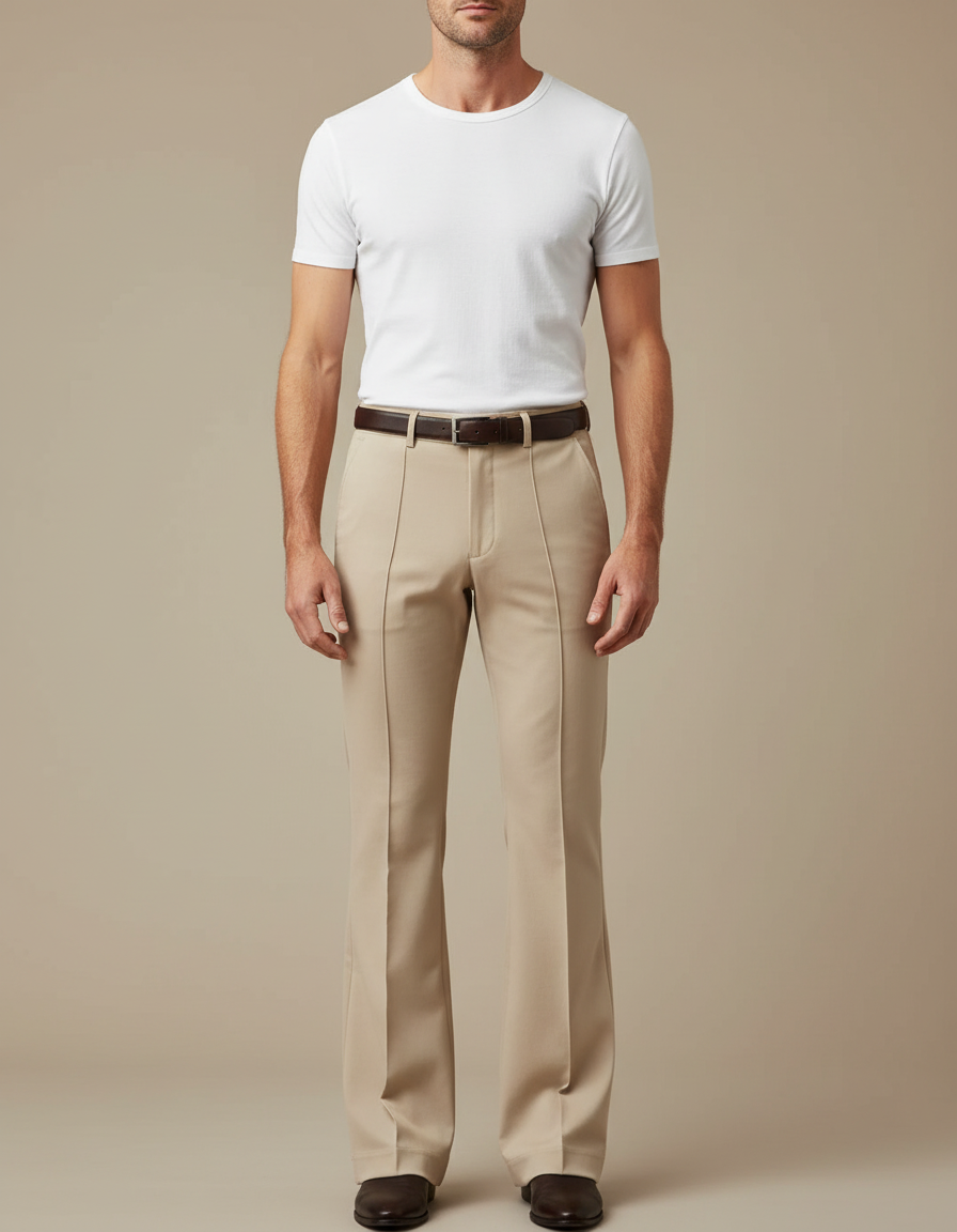 Pantalon Patte D'Éléphant Homme Beige Plissé Élégant Décontracté - Gabardine