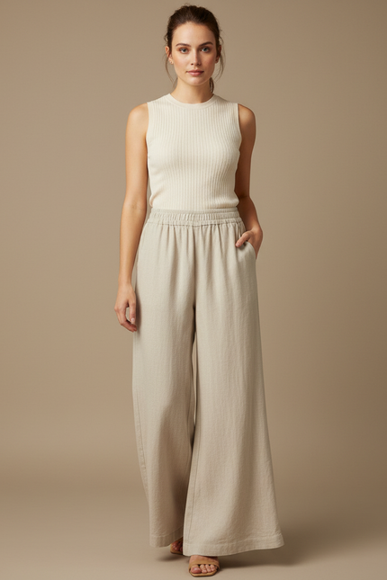 Pantalon Patte D'Éléphant Beige Lin Ample Léger Décontracté