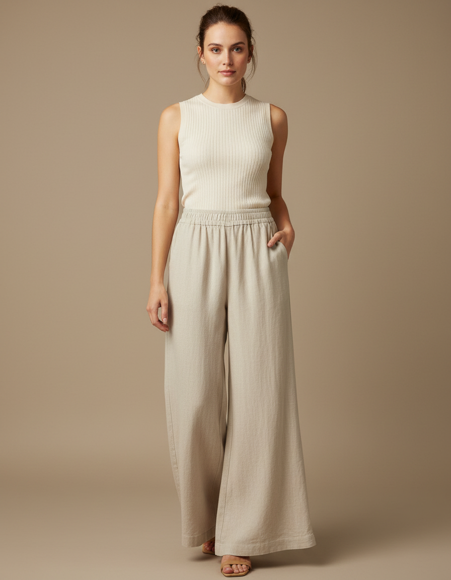 Pantalon Patte D'Éléphant Beige Lin Ample Léger Décontracté