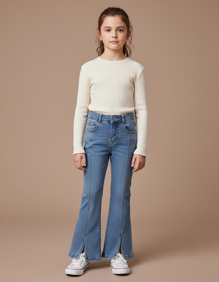 Pantalon Patte D'Éléphant Jean Bleu Fendu Évasé Enfant
