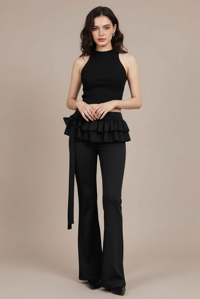 Pantalon Patte D'Éléphant Noir Volants Ceinture Fluide Élégant - Polyester
