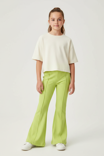 Pantalon Patte D'Éléphant Vert Côtelé Confortable Fille - Maille